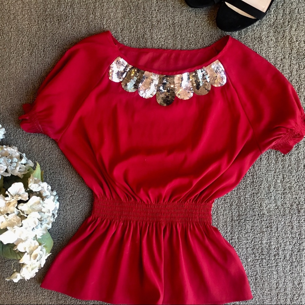 Red Sequined Blouse with Synched Waist